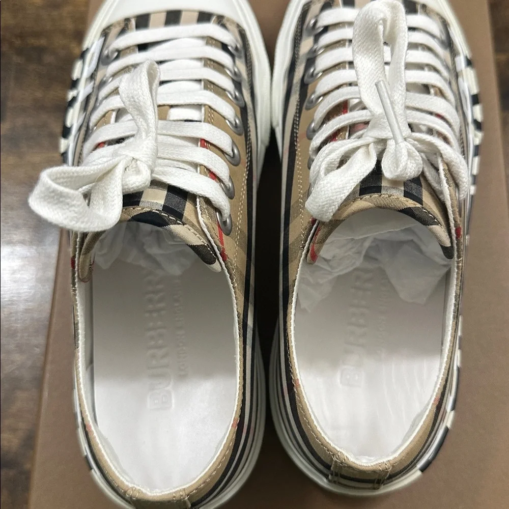 Burberry Beige Plaid Canvas Sneakers - Picture 5 of 5